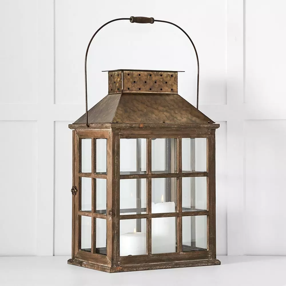 Alain Antique Fir Wood & Metal Lantern - 56cm Rustic Decorative Statement Lantern 4 Alain Antique Fir Wood & Metal Lantern - 56cm Rustic Decorative Statement Lantern - Image 2