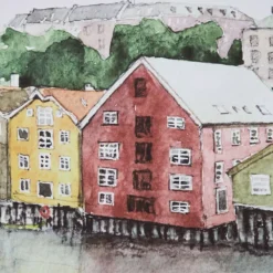 Trondheim Cityscape Canvas Wall Art 130x75 – Helen Lovett Watercolor Framed Print -Provincialhomeliving 1117261025 C