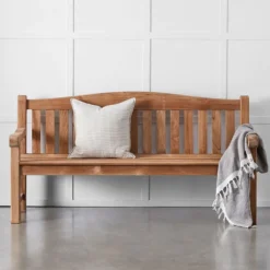 Leonardo Natural Teak Outdoor Bench – Classic Slatted Back with Curved Arms -Provincialhomeliving 1117261649 b