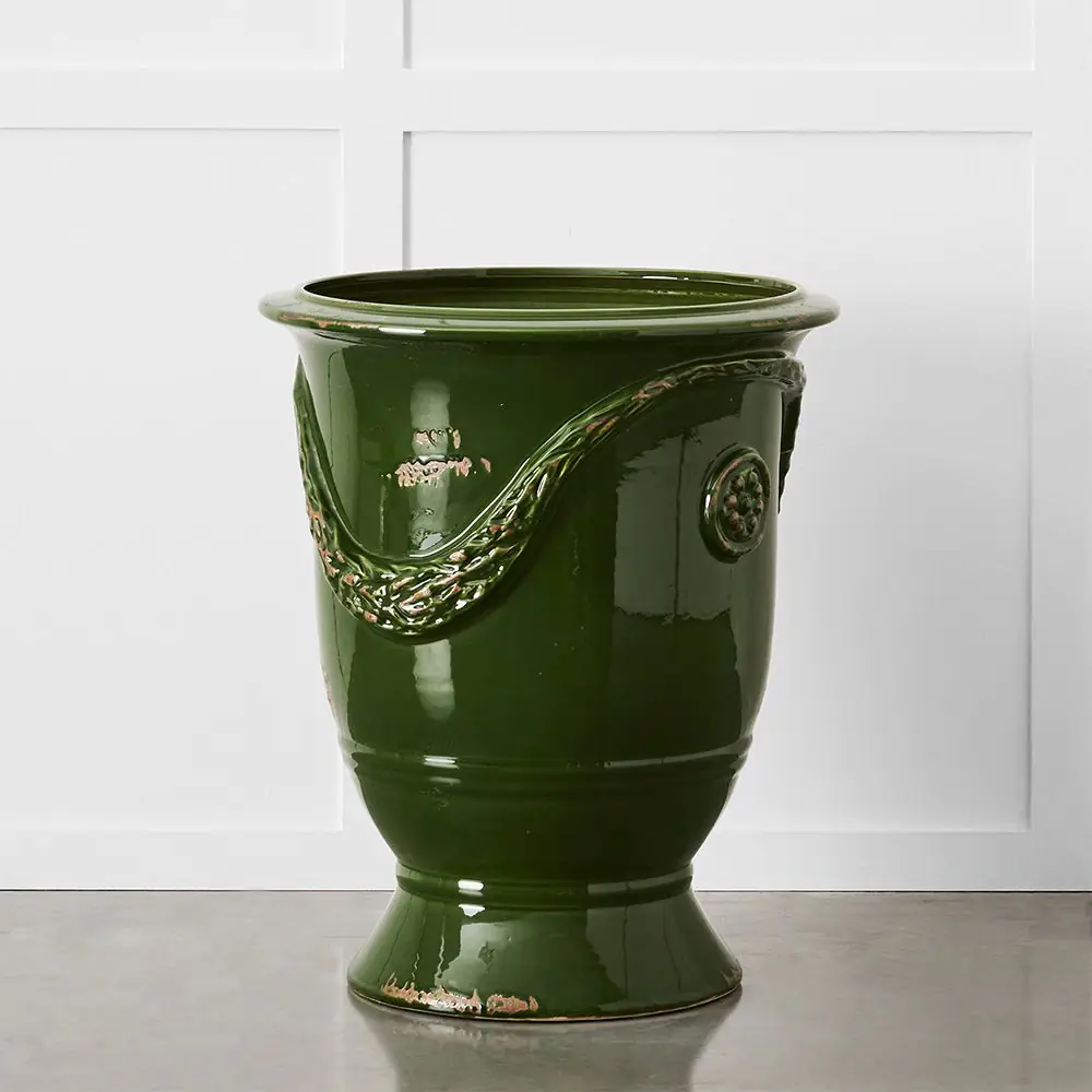 French Green Anduze Glazed Terracotta – Grapevine Relief Pedestal Planter Urn 4 French Green Anduze Glazed Terracotta – Grapevine Relief Pedestal Planter Urn - Image 2