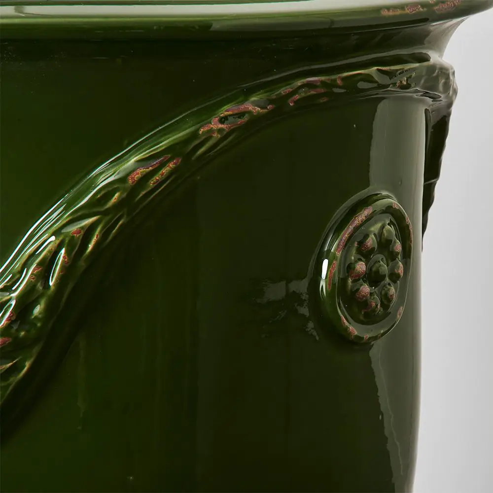 French Green Anduze Glazed Terracotta – Grapevine Relief Pedestal Planter Urn 5 French Green Anduze Glazed Terracotta – Grapevine Relief Pedestal Planter Urn - Image 3