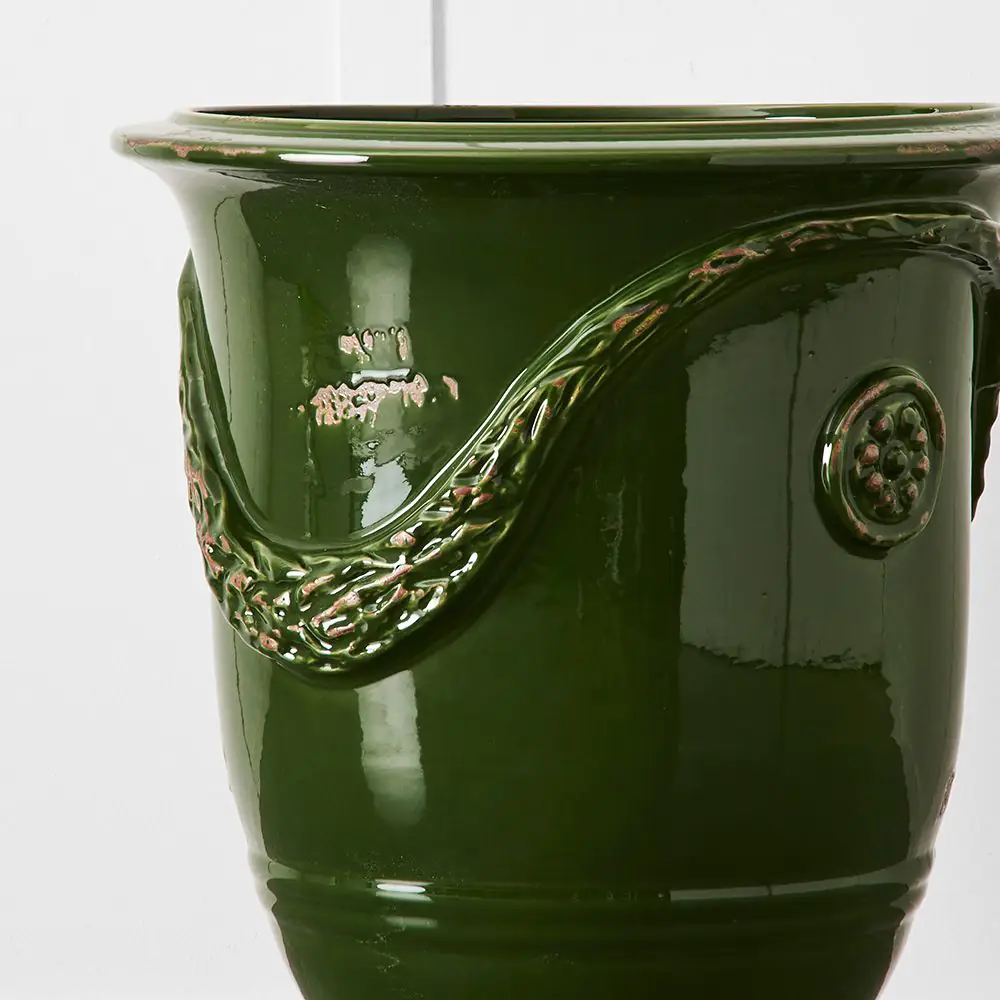 French Green Anduze Glazed Terracotta – Grapevine Relief Pedestal Planter Urn 6 French Green Anduze Glazed Terracotta – Grapevine Relief Pedestal Planter Urn - Image 4