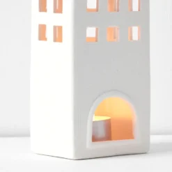 Noelle White Porcelain Townhouse Tealight Holder – Textured Nordic Village Christmas Decor -Provincialhomeliving 1117262771 c