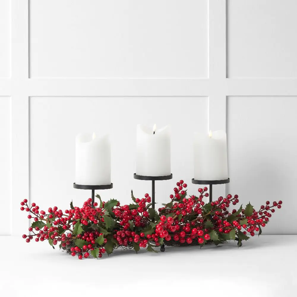 Noelle Holly Red Berry & Greenery 3-Stand Candle Centrepiece - Vintage Christmas Table Decor 3 Noelle Holly Red Berry & Greenery 3-Stand Candle Centrepiece - Vintage Christmas Table Decor