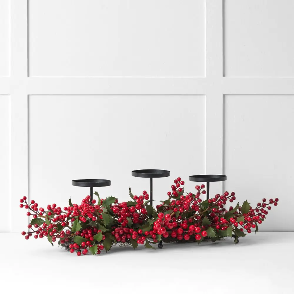 Noelle Holly Red Berry & Greenery 3-Stand Candle Centrepiece - Vintage Christmas Table Decor 4 Noelle Holly Red Berry & Greenery 3-Stand Candle Centrepiece - Vintage Christmas Table Decor - Image 2